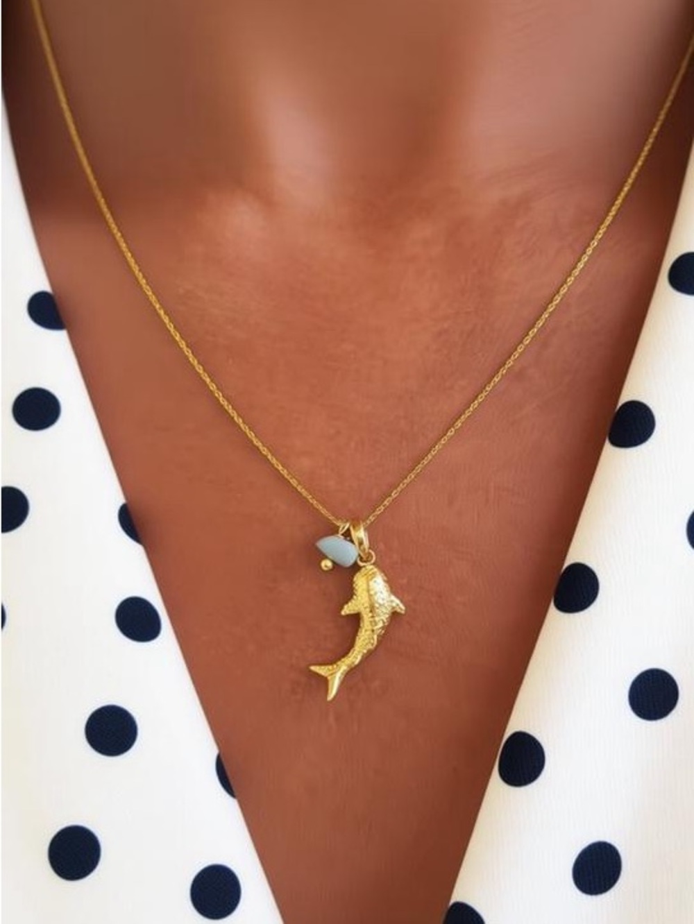 Gold Whale Shark Necklace with Light Blue Sea Stone